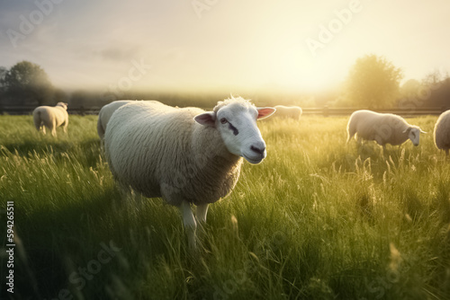 Farm animal, sheep  in countryside, feed and raise animals on grass field for sustainable farming. generative ai