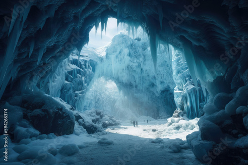 Fantasy magic cave in a mountain glacier with an opening and daylight. Generative AI