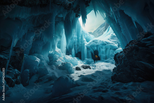 Cave with ice formations and a stream of water inside of it. Generative AI