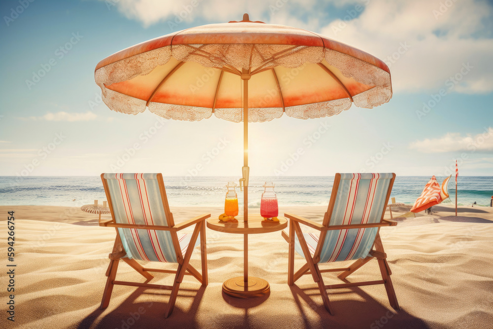 Beach chairs and umbrella with cocktail drinks. Generative AI