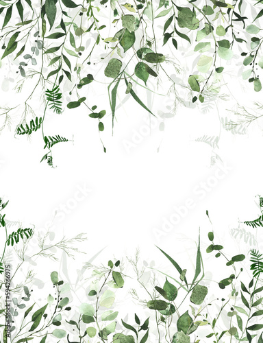 Watercolor painted greenery frame on white background. Green wild plants, branches, leaves and twigs.