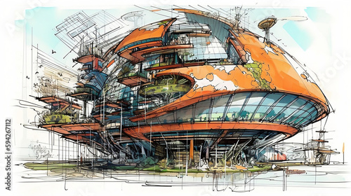 Drawing futuristic, architectural design drawing. Generative AI. © Aiakos