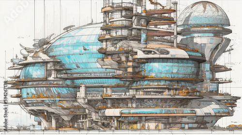 Drawing futuristic, architectural design drawing. Generative AI. photo