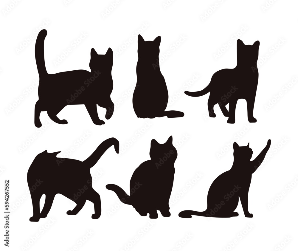 A set of black cat silhouette illustrations doing various movements.
