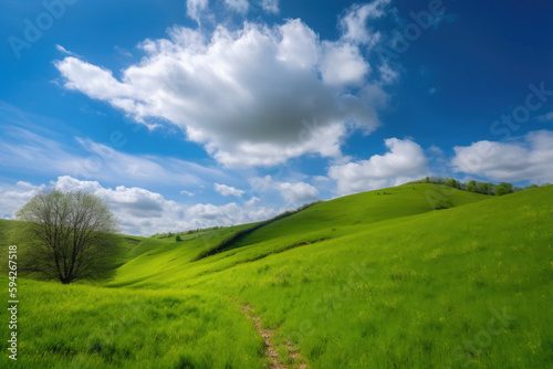 Green hill and a blue sky. Generative AI