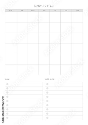 A monthly plan template with a simple and minimal style. Note, scheduler, diary, calendar planner document template illustration.