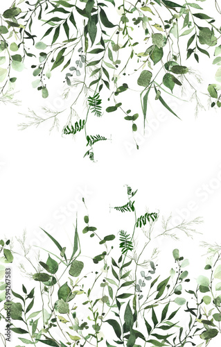 Watercolor painted greenery seamless frame on white background. Green wild plants  branches  leaves and twigs.