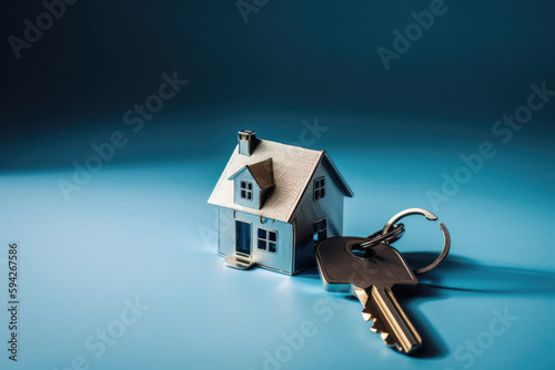 House keys with a keychain in the shape of a house. Generative AI © Andrii 