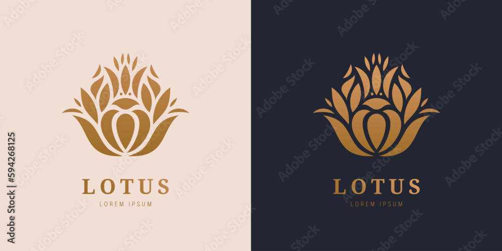 Vector golden calm, relax lotus logo. Abstract flower icon silhouette. Use for spa, cosmetics, massage, yoga, relaxation,