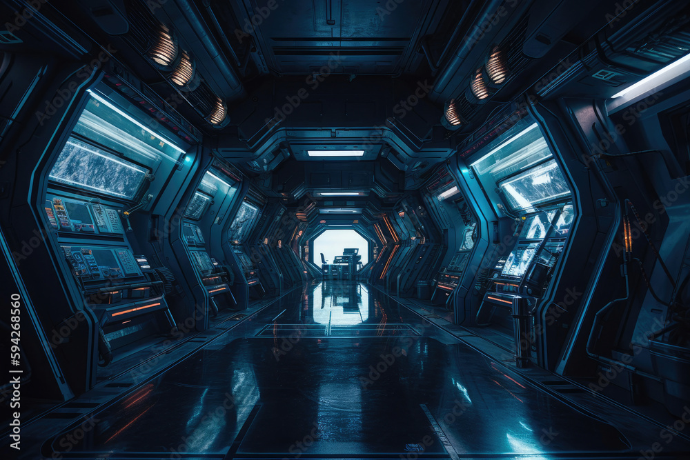 Spaceship futuristic grey blue interior with view on planet Earth. Generative AI