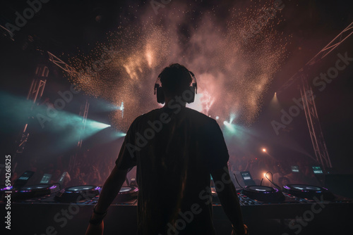 DJ with sound mixer in nightclub. Generative AI