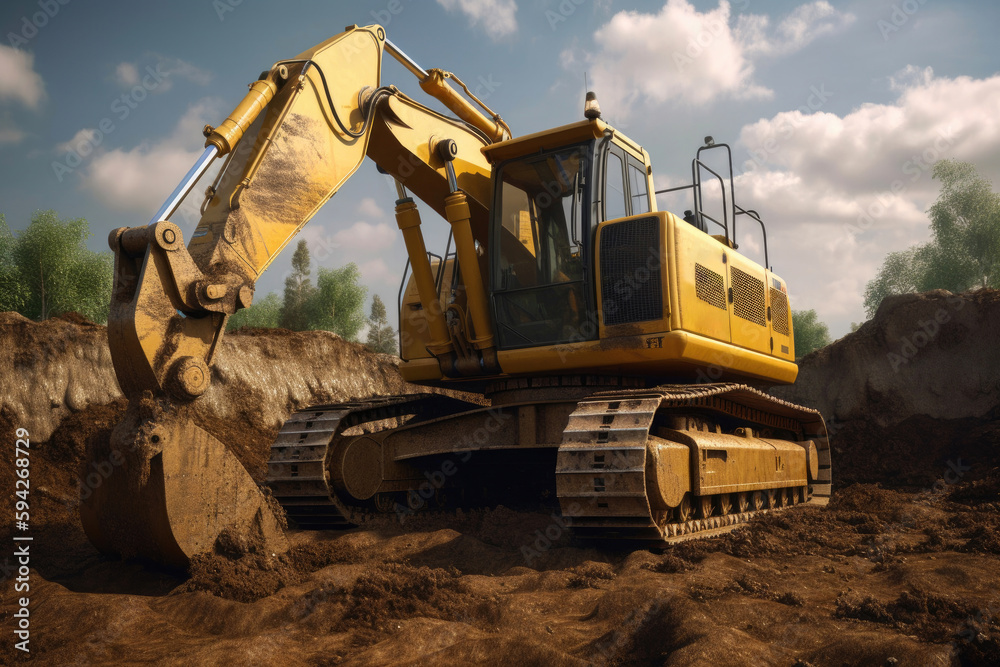 The excavator does earthwork. Generative AI The excavator does earthwork. Generative AI