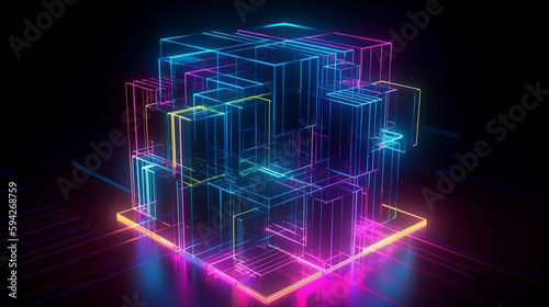 Glowing lines, neon lights, abstract psychedelic background, cube cage, ultraviolet, blue, spectrum vibrant colors, laser show. Generative AI.