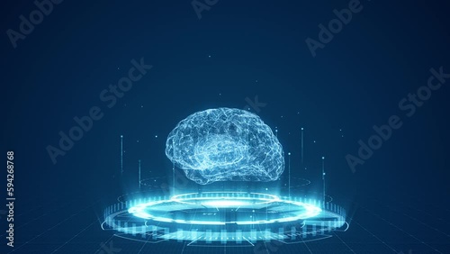 Motion graphic of Blue digital brain logo and circle futuristic HUD with Ai chatbot and machine learning technology with artificial intelligence and robot icon concepts on abstract background