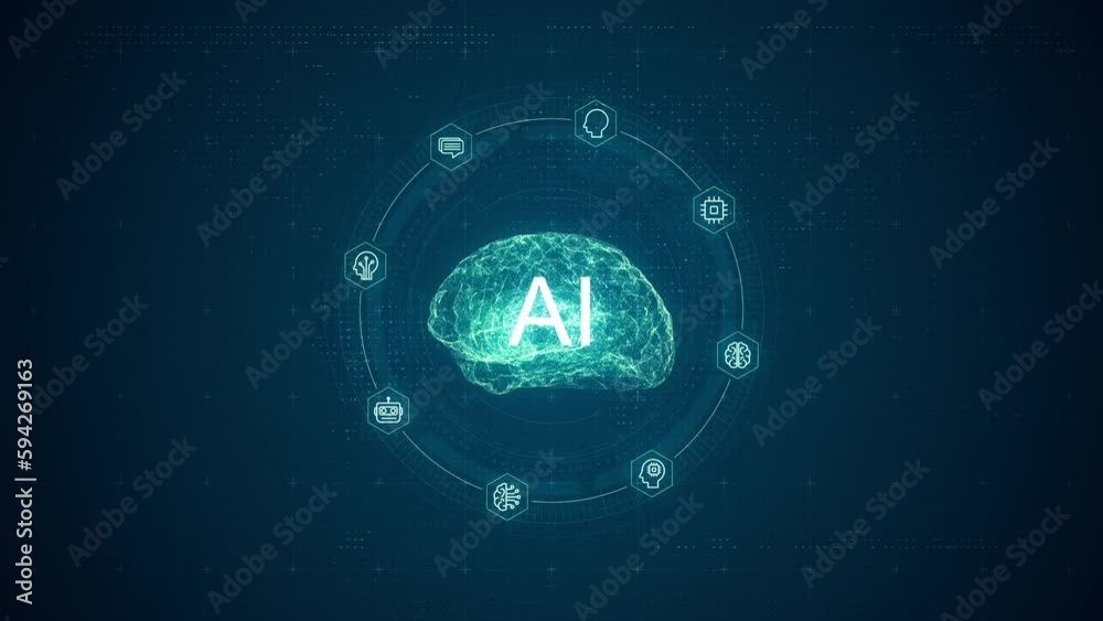 Motion graphic of Blue digital brain logo and circle futuristic HUD ...