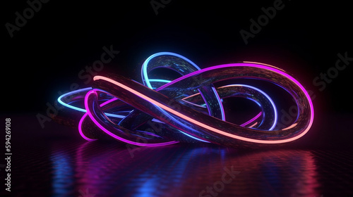İnfinity symbol, neon light, loop, ultraviolet spectrum, quantum energy, pink blue violet glowing line, string, abstract background. Neon. Generative AI.