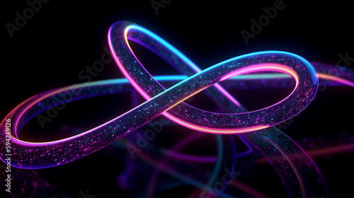 İnfinity symbol, neon light, loop, ultraviolet spectrum, quantum energy, pink blue violet glowing line, string, abstract background. Neon. Generative AI.