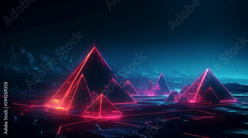 Neon background with glowing triangles, futuristic terrain. Generative AI.