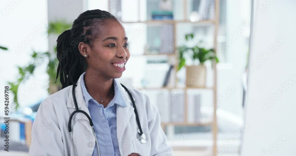 Black woman, medic and telehealth video call with computer, wave and hello for advice on internet. Female African doctor, talking and consulting for healthcare, wellness and communication on web app Black woman, medic and telehealth video call with computer, wave and hello for advice on internet. Female African doctor, talking and consulting for healthcare, wellness and communication on web app