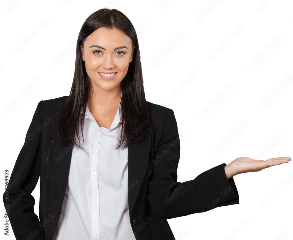 Friendly Businesswoman Pointing with Palm - Isolated Friendly Businesswoman Pointing with Palm - Isolated