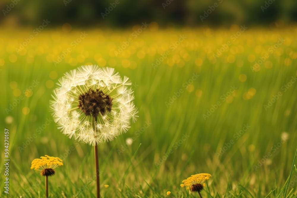 Dandelion seeds in the sunlight blowing away across a fresh green morning background, generative ai