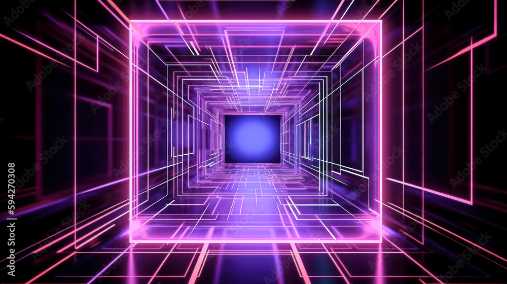 A neon-glowing square portal with lines tunneling through was created using Generative AI.- Generative AI A neon-glowing square portal with lines tunneling through was created using Generative AI.- Generative AI