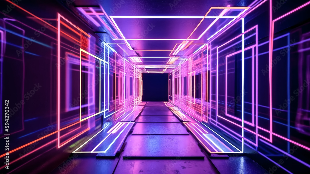 Lines were glowing from a neon square portal in a tunnel - generative ai.