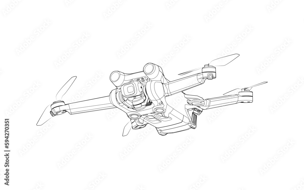 Drone Quadrocopter FPV Line Stroke. Drone Vector Isolated. White Background. R23002 Drone Quadrocopter FPV Line Stroke. Drone Vector Isolated. White Background. R23002