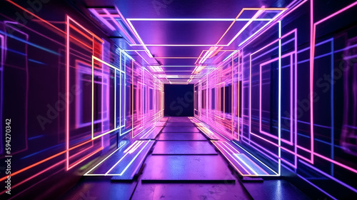 Lines were glowing from a neon square portal in a tunnel - generative ai.