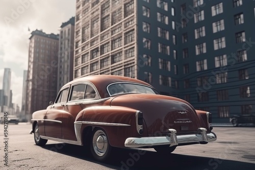 vintage car in modern city stands on empty road against background of modern tall buildings, generative ai © Ryan