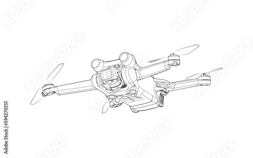 Drone Quadrocopter FPV Line Stroke. Drone Vector Isolated. White Background. R23002