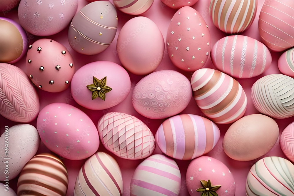 Many painted Easter eggs on pink background. Top view flat lay pattern Many painted Easter eggs on pink background. Top view flat lay pattern