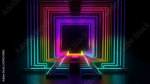 Vibrant rainbow colors, laser show, glowing spectrum rectangle, blank frame, neon lights, abstract psychedelic background, ultraviolet, led screen. Generative AI.