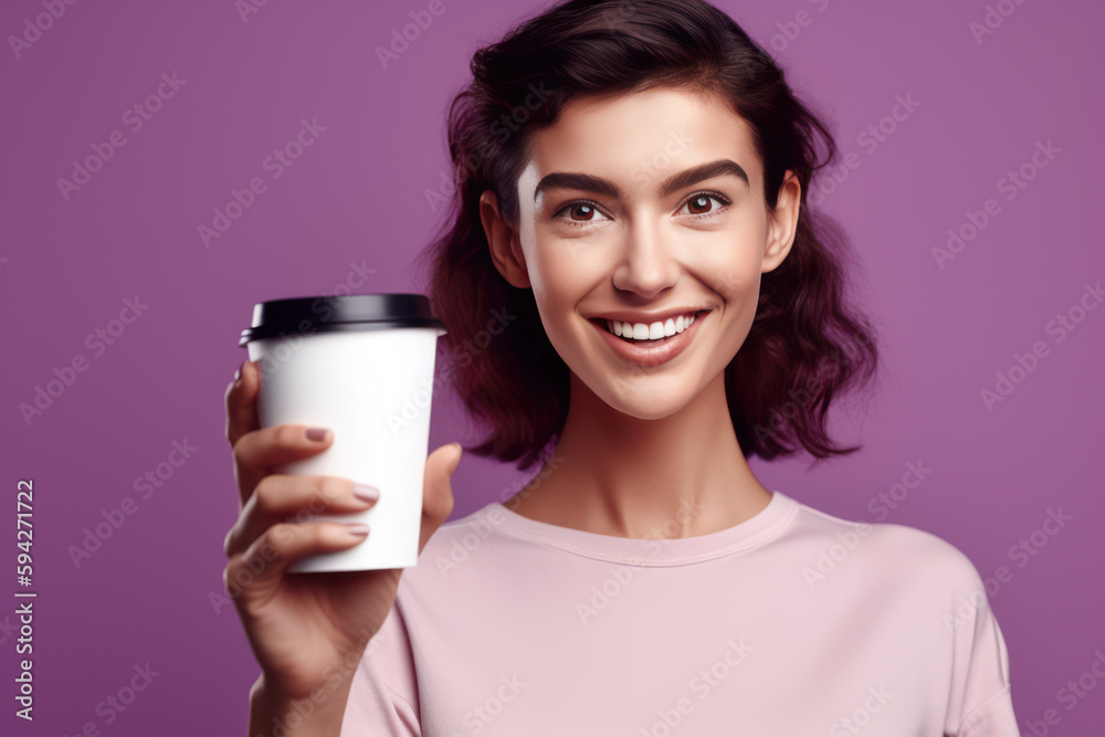 Mockup of young woman holding disposable paper Coffee cup on violet background. Mockup of young woman holding disposable paper Coffee cup on violet background.
