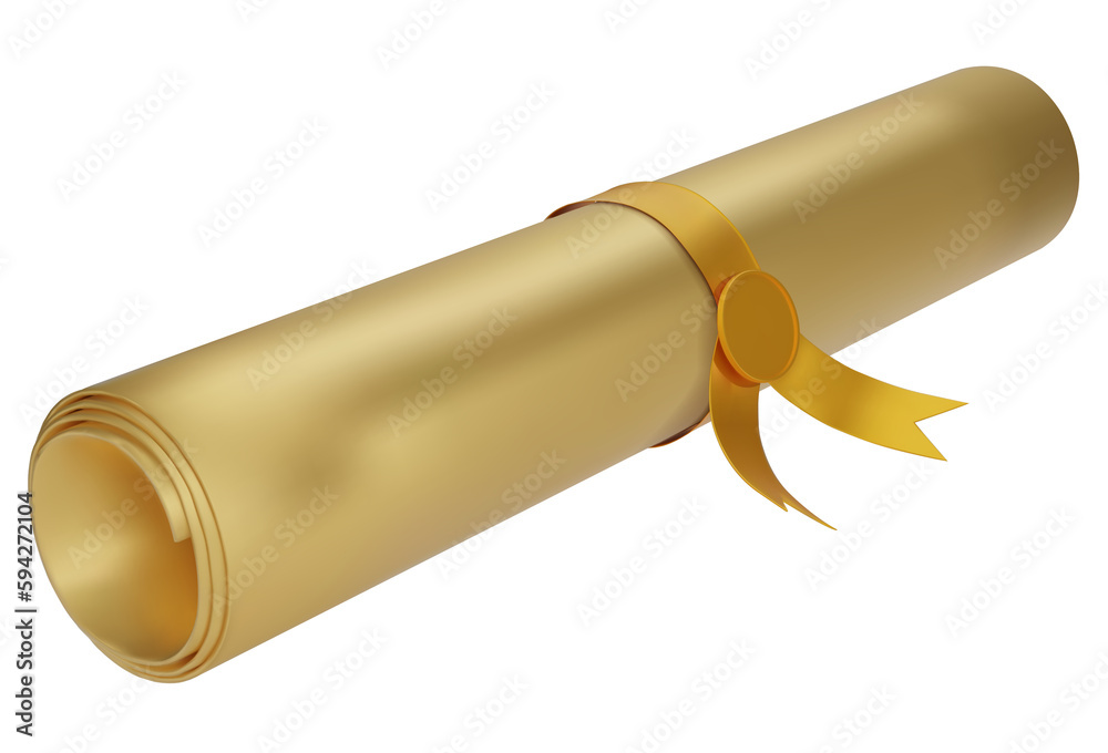 Gold Diploma, close up of gold paper scroll with golden ribbon isolated on white background. Graduation Degree Scroll with Medal. Education certificate graduation scroll icon. 3D png illustration. - obrazy, fototapety, plakaty 