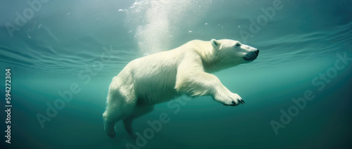 An arctic polar bear swimming and floating in water. underwater shot. Generative AI. © killykoon