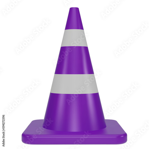 3d traffic cones with white and purple stripes isolated on white background. Construction cone icon. Single purple traffic warning cone. Under construction, and maintenance. 3D png illustration.