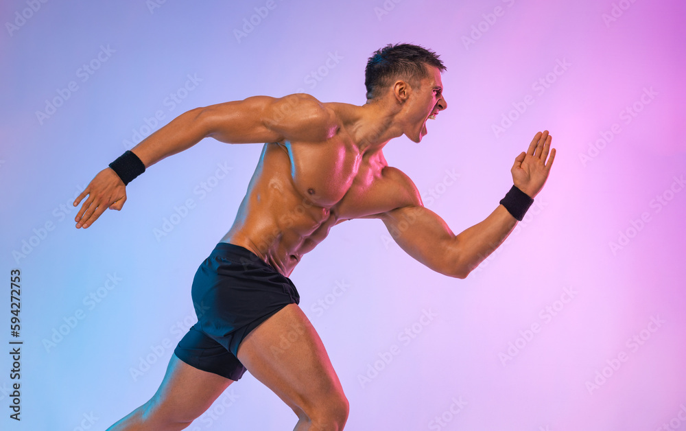 Runner concept. Athlete sprinter running on blue background. Fitness and sport motivation. Trail run. Runner concept. Athlete sprinter running on blue background. Fitness and sport motivation. Trail run.