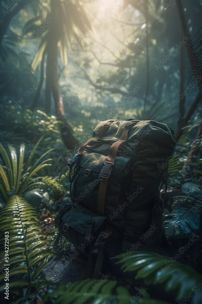 Close up a backpack of traveler in greens jungle ,rainforest. Adventure, travel, tourism, ecotourism freedom and active lifestyle concept, AI Generative