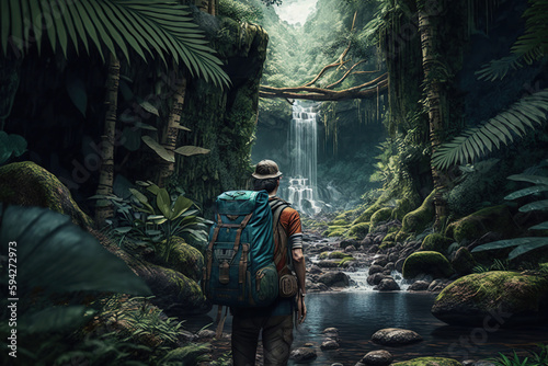 Unrecognizable man traveler with backpack in greens jungle   rainforest. Adventure  travel  tourism  ecotourism freedom and active lifestyle concept  AI Generative