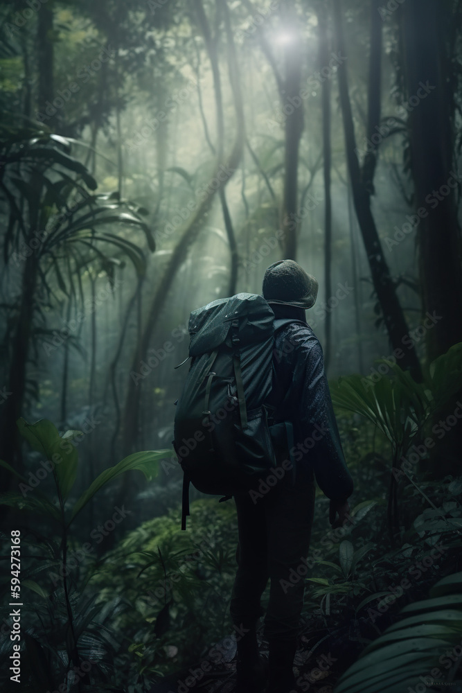 Unrecognizable woman traveler with backpack in greens jungle ,rainforest. Adventure, travel, tourism,ecotourism freedom and active lifestyle concept, AI Generative