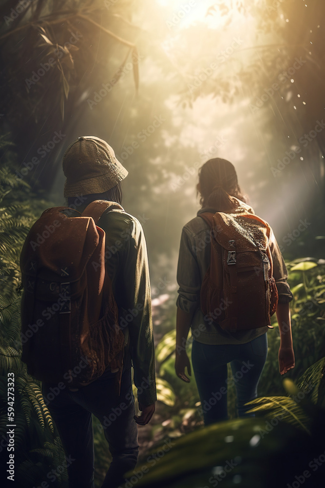 Unrecognizable two travelers with backpack in greens jungle ,rainforest sunlight. Adventure, travel, ecotourism freedom and active lifestyle concept, AI Generative