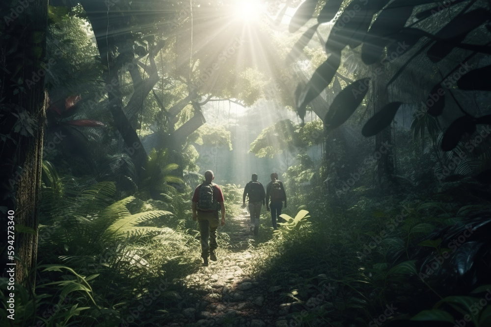Unrecognizable three travelers with backpack in greens jungle ,rainforest sunlight. Adventure, travel, ecotourism freedom and active lifestyle concept, AI Generative