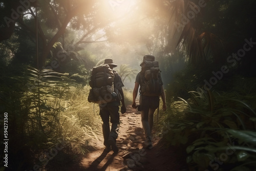 Unrecognizable two travelers with backpack in greens jungle  rainforest sunlight. Adventure  travel  ecotourism freedom and active lifestyle concept  AI Generative