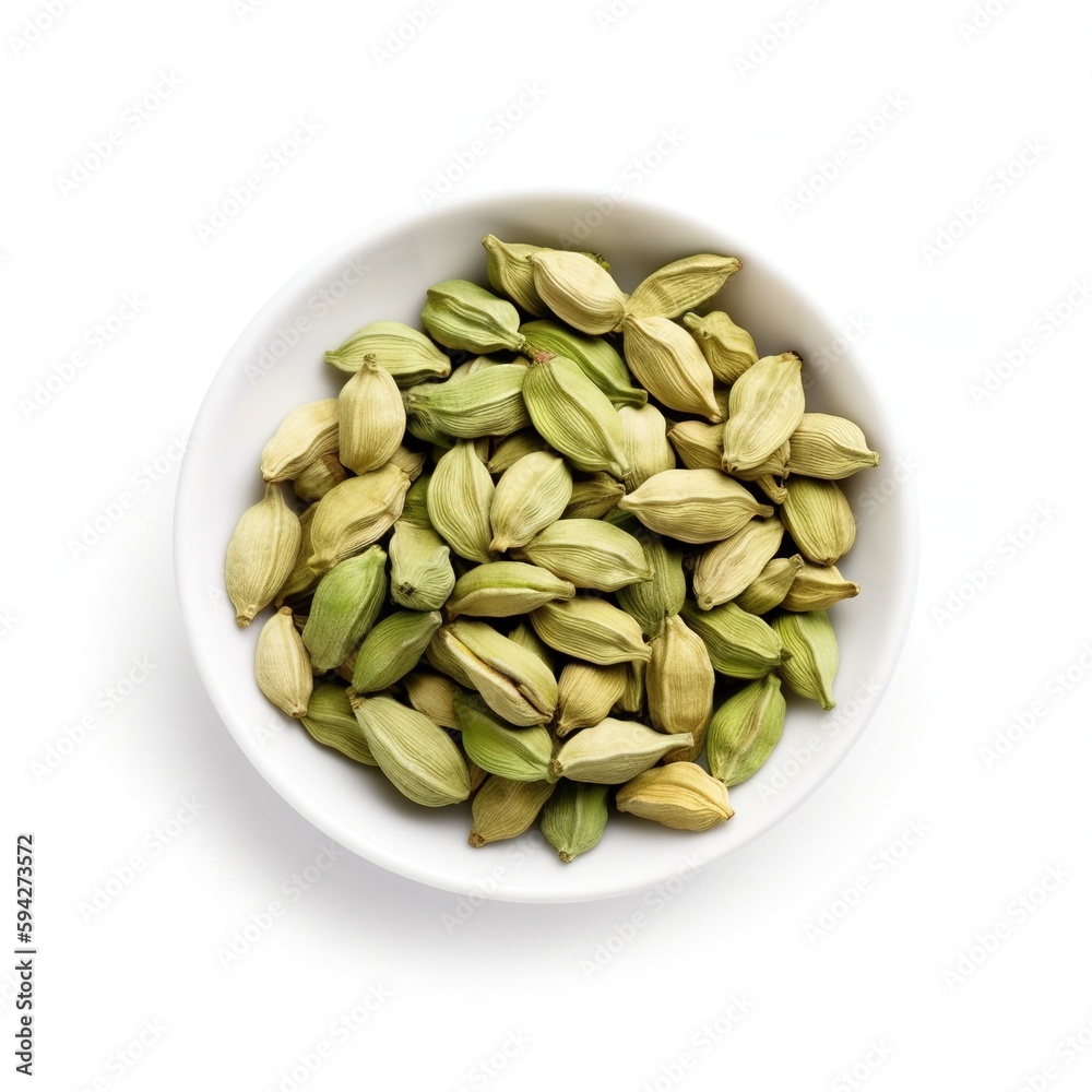 Green cardamomo in white bowl, isolated on white background. Seasoning, indian, recipe. ingredient. Green cardamomo in white bowl, isolated on white background. Seasoning, indian, recipe. ingredient.