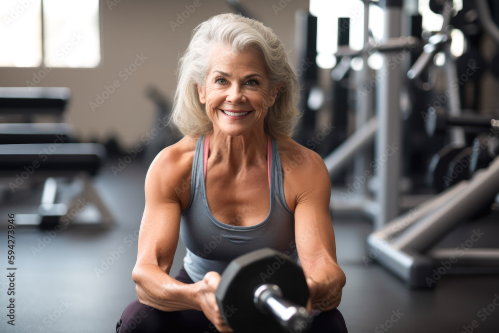 Obraz premium Portrait of happy senior woman in gym, generative ai