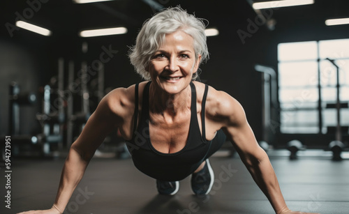 Portrait of happy senior woman in gym  generative ai