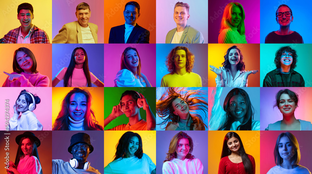 Collage made of different people of diverse age, gender, race and nationality. People smiling over multicolored background in neon light. Concept of emotions, human rights and equality, youth, ad - obrazy, fototapety, plakaty 