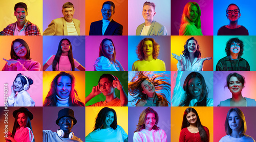 Collage made of different people of diverse age, gender, race and nationality. People smiling over multicolored background in neon light. Concept of emotions, human rights and equality, youth, ad