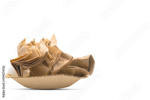 Crumpled view paper cup, paper plate, napkin  used brown isolated on white background. Recycle and  environment friendly concept.